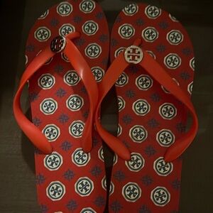 Authentic Tory Burch flip flops red blue silver logo discontinued size 7 new